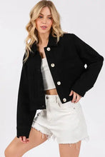 bytos Button Down Cropped Denim Jacket with Patch Pockets Black Woman Outerwear