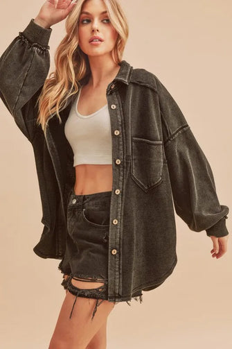 Aemi + Co Acid Washed Exposed Seam Button Up Jacket Black Woman Outerwear