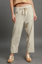 Beige umgee full size linen blend pants with drawstring elastic waistband and machine wash cold feature