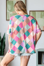 HOPELY Full Size Multi Colored Argyle Side Slit T-Shirt Woman T Shirts