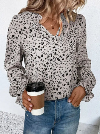 Notched Neck Flounce Sleeve Blouse Tan Woman Blouses