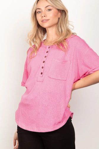 VERY J Twisted Sleeve Band Half Button Top Pink