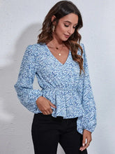 Floral V-Neck Balloon Sleeve Peplum Blouse Woman Blouses