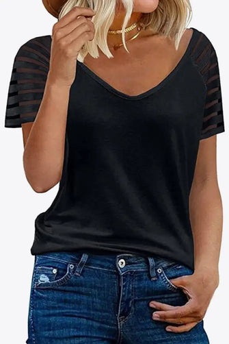 V-Neck Raglan Sleeve Tee Black Woman T Shirts