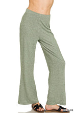 Zenana soft elastic waisted flare pants in olive green wide-leg design with soft textured fabric and elastic waistband
