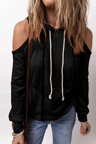 Cold Shoulder Long Sleeve Hoodie Black Woman Sweatshirts