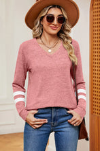 Striped V-Neck Long Sleeve T-Shirt Blush Pink