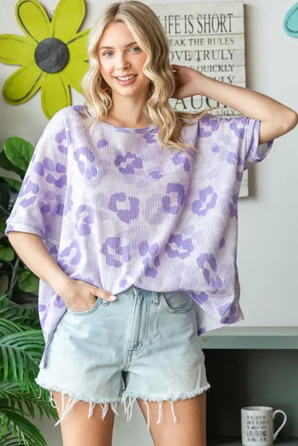HOPELY Print Waffle Oversized T-Shirt Lavender Woman T Shirts