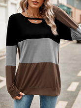 Color Block Cutout Round Neck Long Sleeve T-Shirt Chocolate