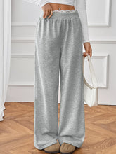 Gray heathered wide leg casual pants with lace trim at the waistband for a stylish and comfortable look