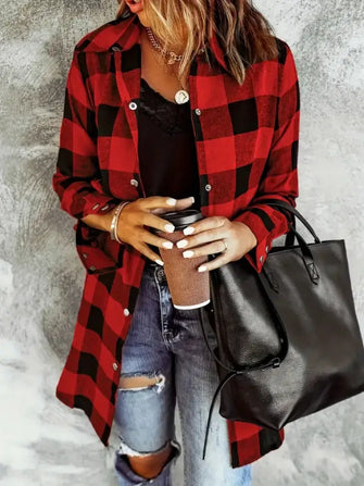 Plaid Collared Neck Snap Down Long Sleeve Jacket Deep Red Woman Outerwear