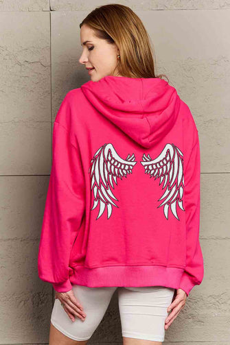 Simply Love Full Size Angel Wings Graphic Hoodie Hot Pink Woman Sweatshirts