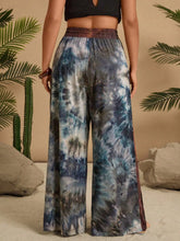 Blue and white tie-dye wide leg casual pants with brown elastic waistband in full size plus size leg casual pants