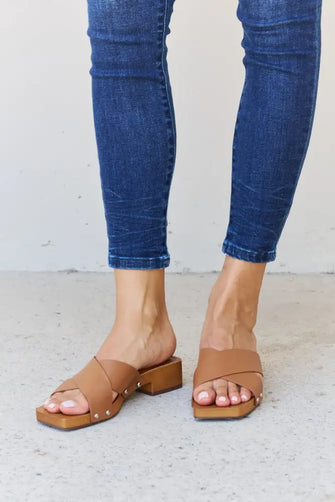 Weeboo Step Into Summer Criss Cross Wooden Clog Mule in Brown Brown Woman Slippers