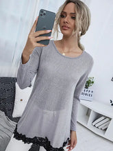 Shiny Spliced Lace Contrast Round Neck Top Heather Gray Woman Blouses
