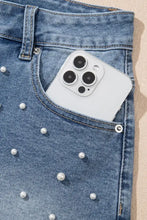 Pearl Beaded Raw Hem Wash Denim Shorts Denim Shorts