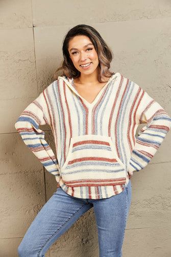 Striped Hooded Sweater with Kangaroo Pocket Woman Sweatshirts