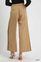 Umgee tan pleated wide-leg pants with leopard print contrast trim side stripes for stylish casual wear