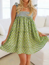 Green floral summer dress with ruffled sleeves and striped neckline