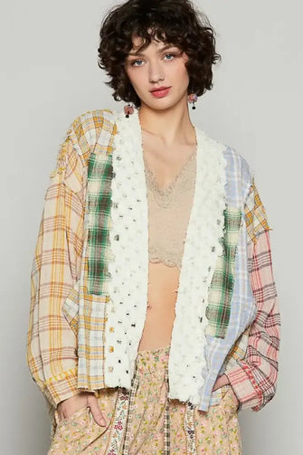 POL Raw Edge Plaid Open Front Cardigan YELLOW RED MULTI Woman Outerwear