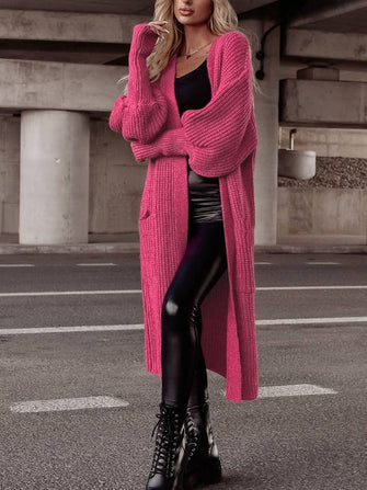 Lantern Sleeve Pocketed Cardigan Hot Pink
