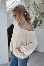 Boat Neck Waffle-Knit Lantern Sleeve Blouse with Pocket Woman Blouses