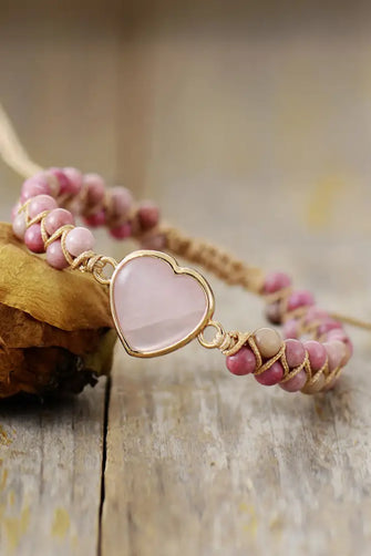 Rose Quartz Heart Beaded Bracelet Dusty Pink One Size Necklaces