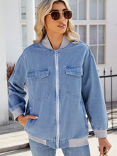 Pocketed Zip Up Baseball Collar Denim Jacket Medium Woman Outerwear