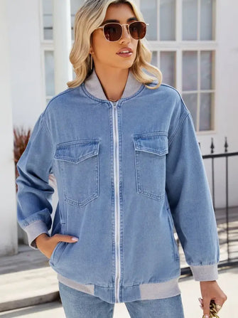 Pocketed Zip Up Baseball Collar Denim Jacket Medium Woman Outerwear