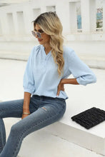 Swiss Dot Notched Neck Three-Quarter Sleeve Blouse Woman T Shirts