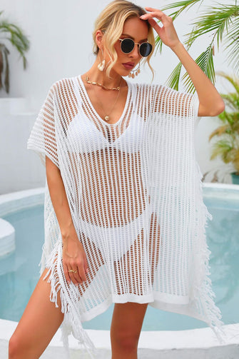 Angel Wings Fringe Trim Openwork Cover Up White One Size