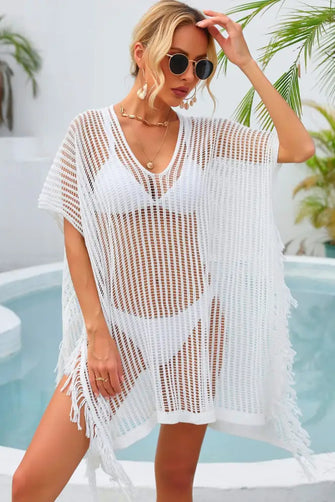 Angel Wings Fringe Trim Openwork Cover Up White One Size Swimwear Cover-Ups