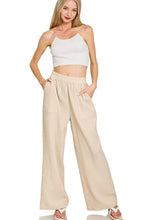 Beige wide-leg pants with a relaxed double gauze fabric and elastic band waistband from zenana double gauze elastic band pants collection