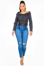 American Bazi Off Shoulder Lace Up Denim Jacket Woman Outerwear