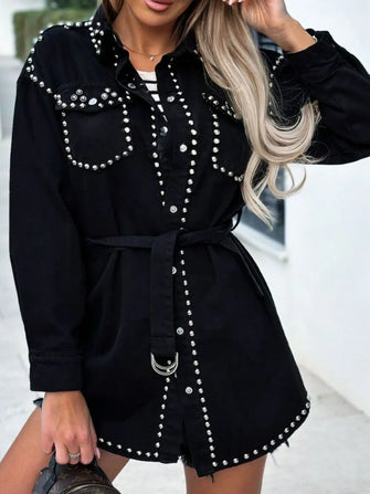 Studded Snap Down Long Sleeve Denim Shacket Black