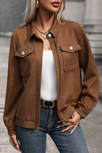 Perfee Textured Zip Up Collared Neck Jacket Burnt Umber