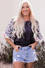 Leopard Flounce Sleeve Round Neck Top Black Woman Blouses