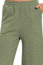Olive green heathered wide leg pants with elastic waistband and side pockets made from soft cotton slub by zenana