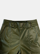 Olive green faux leather high-waisted shorts with double-buckle belt and half elastic waist wide leg design