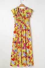 Cheetah Plant Print Shirred Button V Neck Maxi Dress Woman Maxi Dress