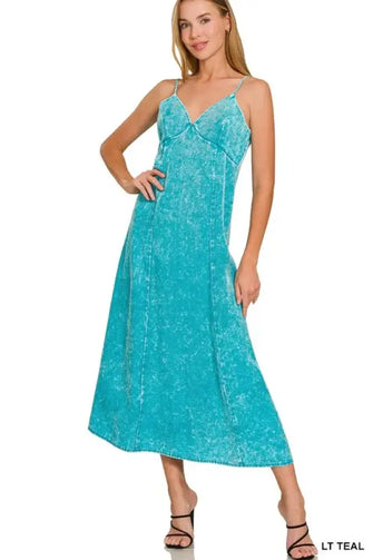 Zenana Tencel Mineral Washed Maxi Dress LT TEAL Casual Dresses