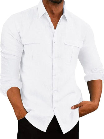 Men's Full Size Long Sleeve Button Down Shirt with Dual Chest Pockets Plus Size White