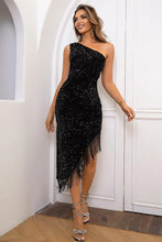 Sequin Asymmetrical Fringe Hem One-Shoulder Dress Black