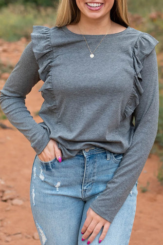 Ruffled Round Neck Long Sleeve T-Shirt Cloudy Blue