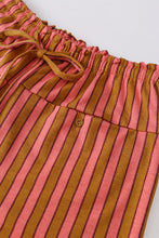 Pink and mustard-yellow vertically striped wide leg pants with button pocket tie and drawstring waistband for casual wear