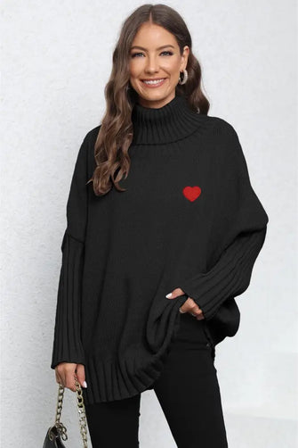 Turtle Neck Long Sleeve Ribbed Sweater Black One Size Sweater Pullovers