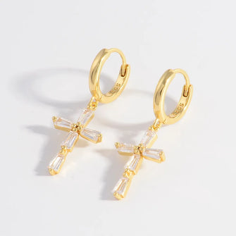 925 Sterling Silver Zircon Cross Earrings Gold One Size