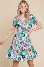 BOMBOM Ruched Floral V-Neck Short Sleeve Dress Gum Leaf
