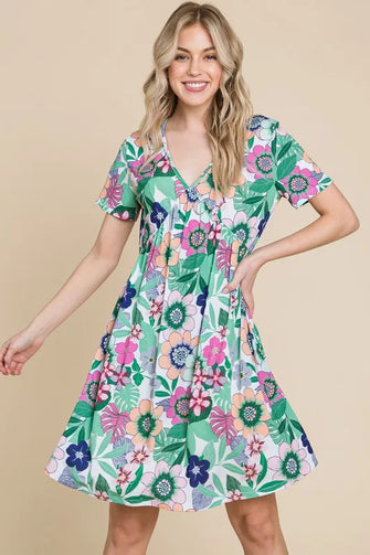 BOMBOM Ruched Floral V-Neck Short Sleeve Dress Gum Leaf