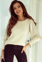 Buttoned Cuffs Shiny Puff Sleeves Top Beige Woman Blouses